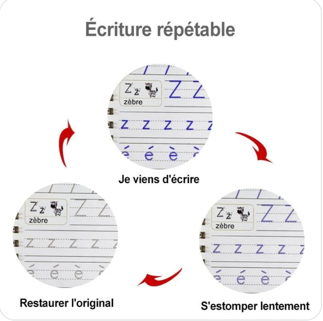 PlumeMagique™: Le cahier d'apprentissage réutilisable qui aide votre enfant à développer une belle écriture tout en s'amusant.