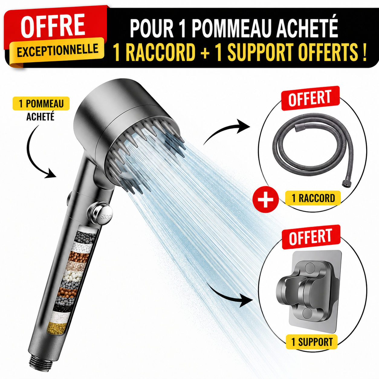 Pommeau de douche à trois vitesses avec filtre et masseur de cuir chevelu + raccord et un support